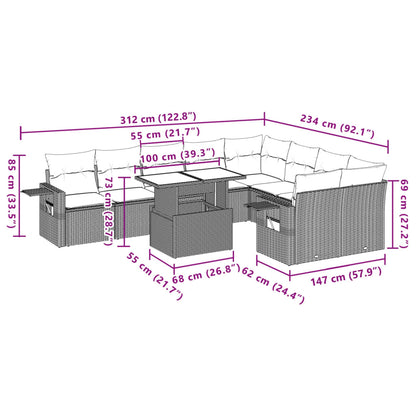 10-delige Loungeset met kussens poly rattan bruin