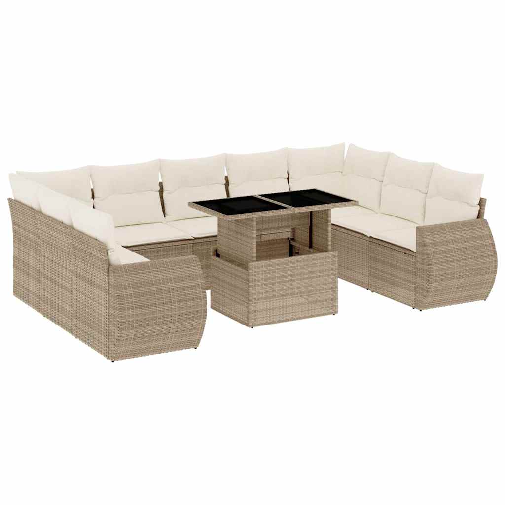 10-delige Loungeset met kussens poly rattan beige