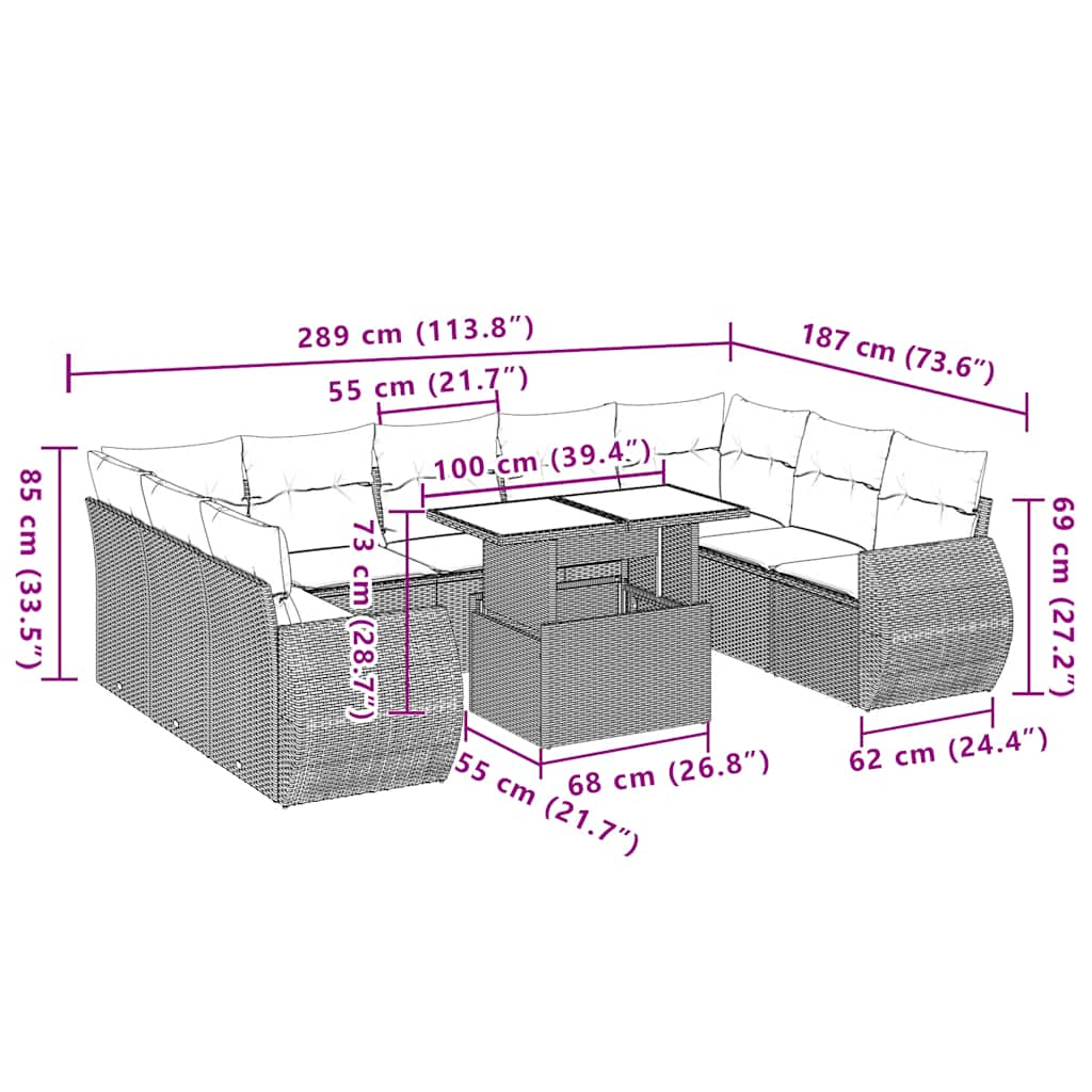 10-delige Loungeset met kussens poly rattan beige