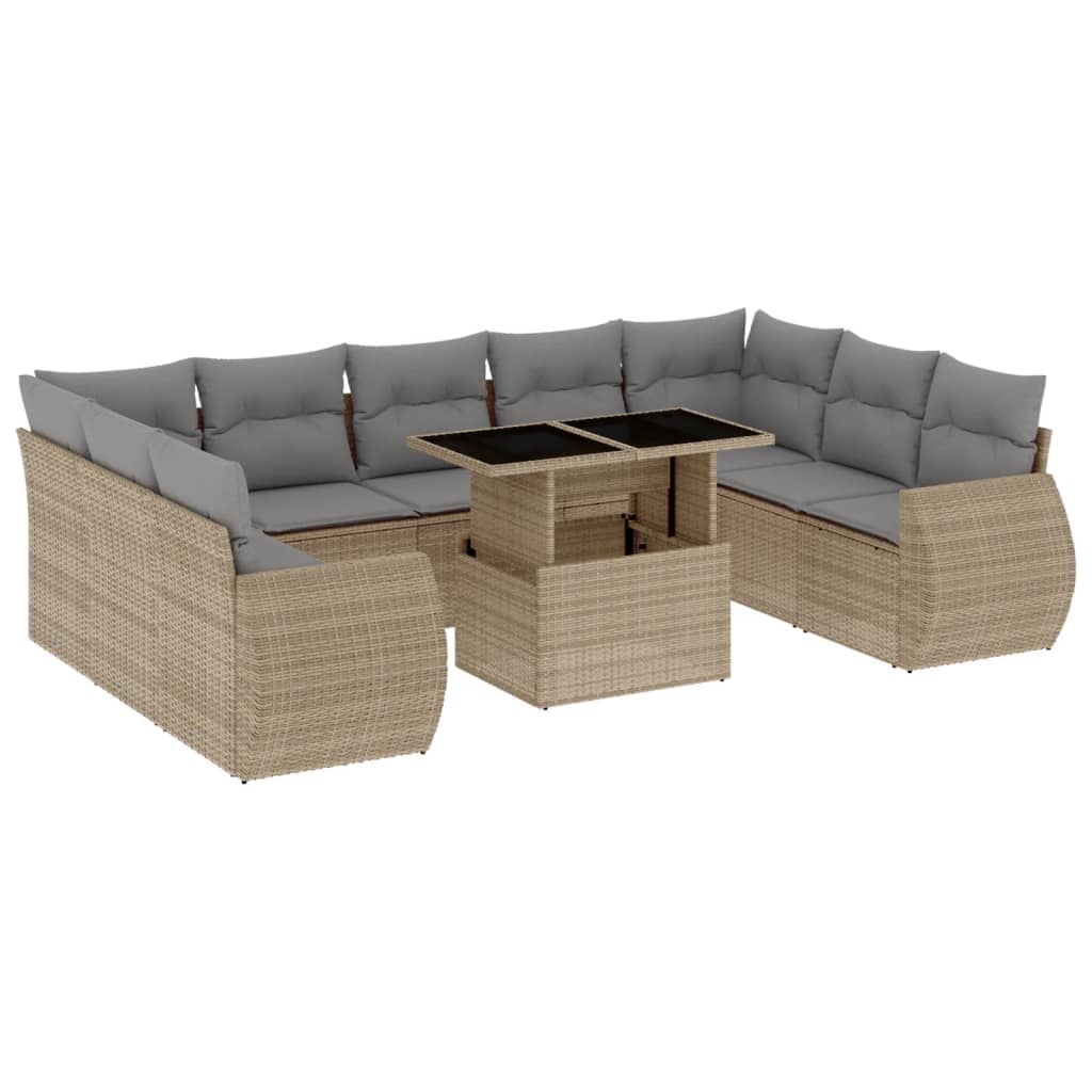 10-delige Loungeset met kussens poly rattan beige