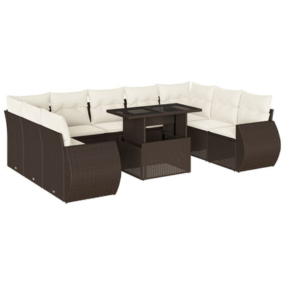 10-delige Loungeset met kussens poly rattan bruin