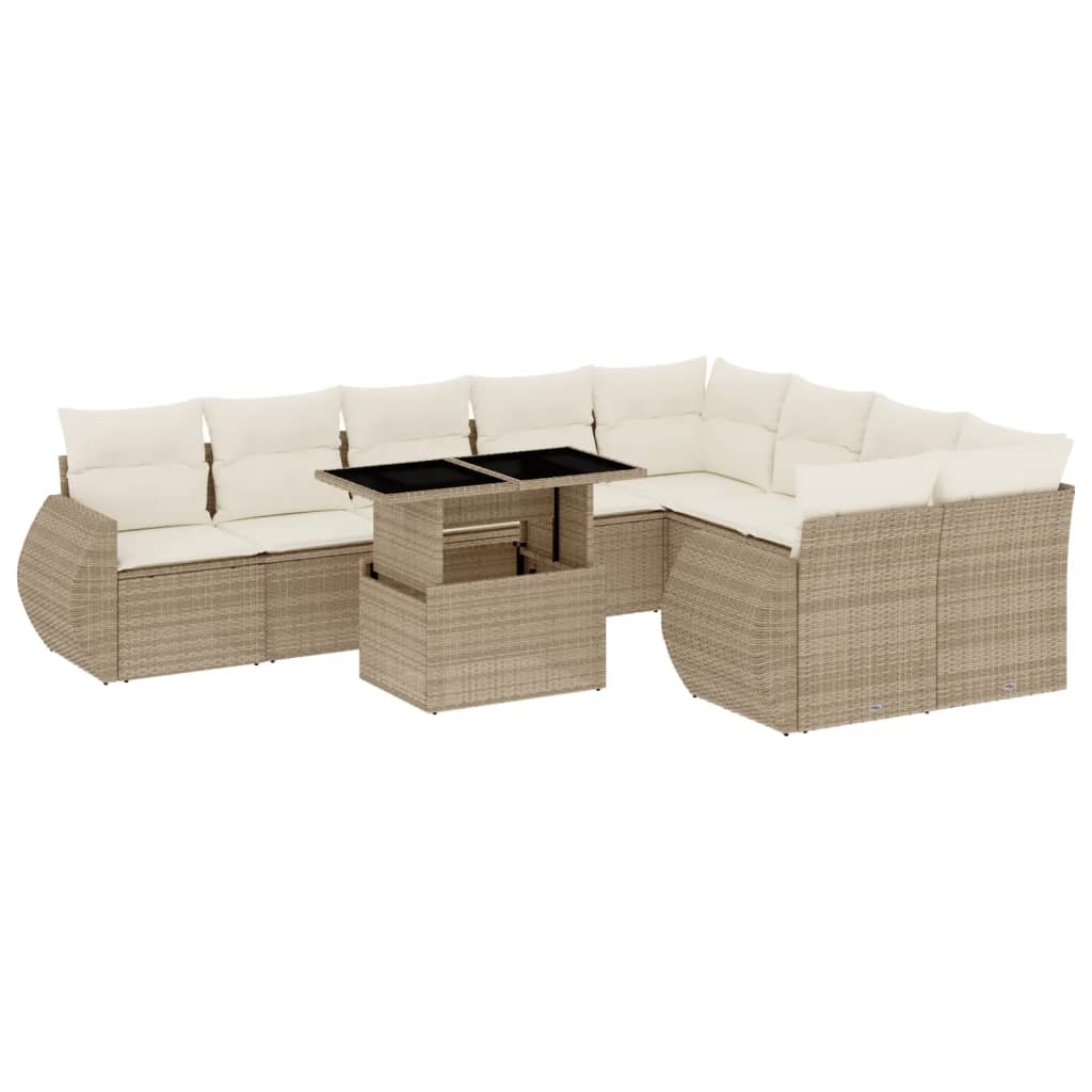 10-delige Loungeset met kussens poly rattan beige