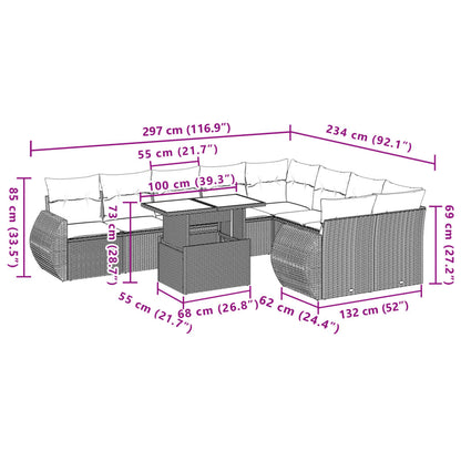 10-delige Loungeset met kussens poly rattan beige