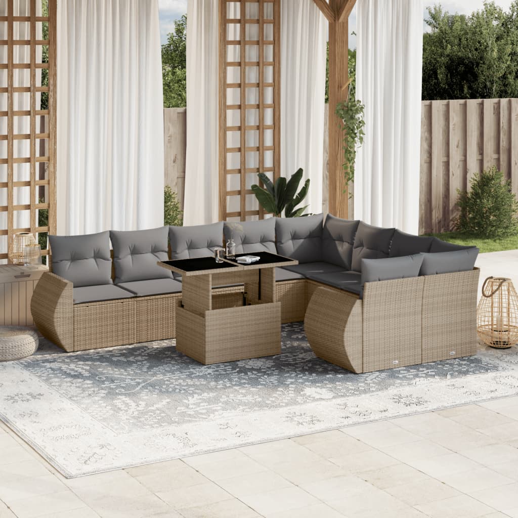 10-delige Loungeset met kussens poly rattan beige