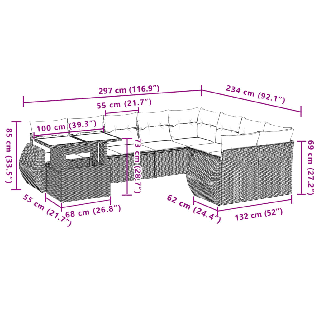 10-delige Loungeset met kussens poly rattan beige