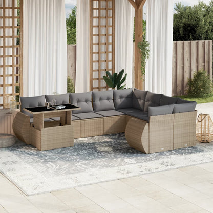 10-delige Loungeset met kussens poly rattan beige