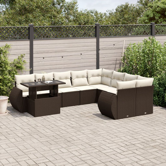 10-delige Loungeset met kussens poly rattan bruin