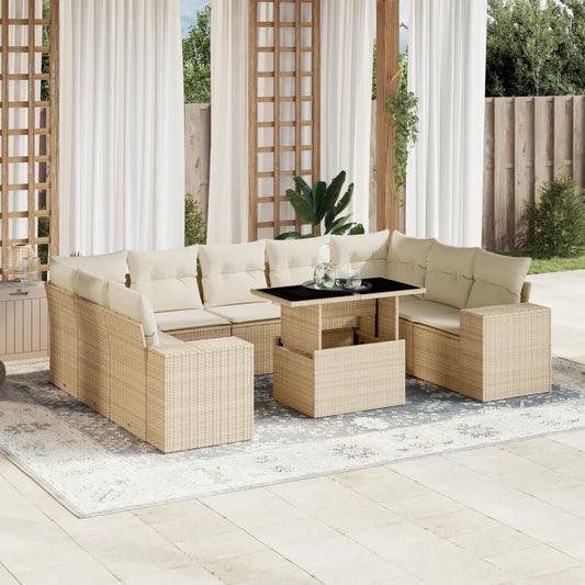 10-delige Loungeset met kussens poly rattan beige