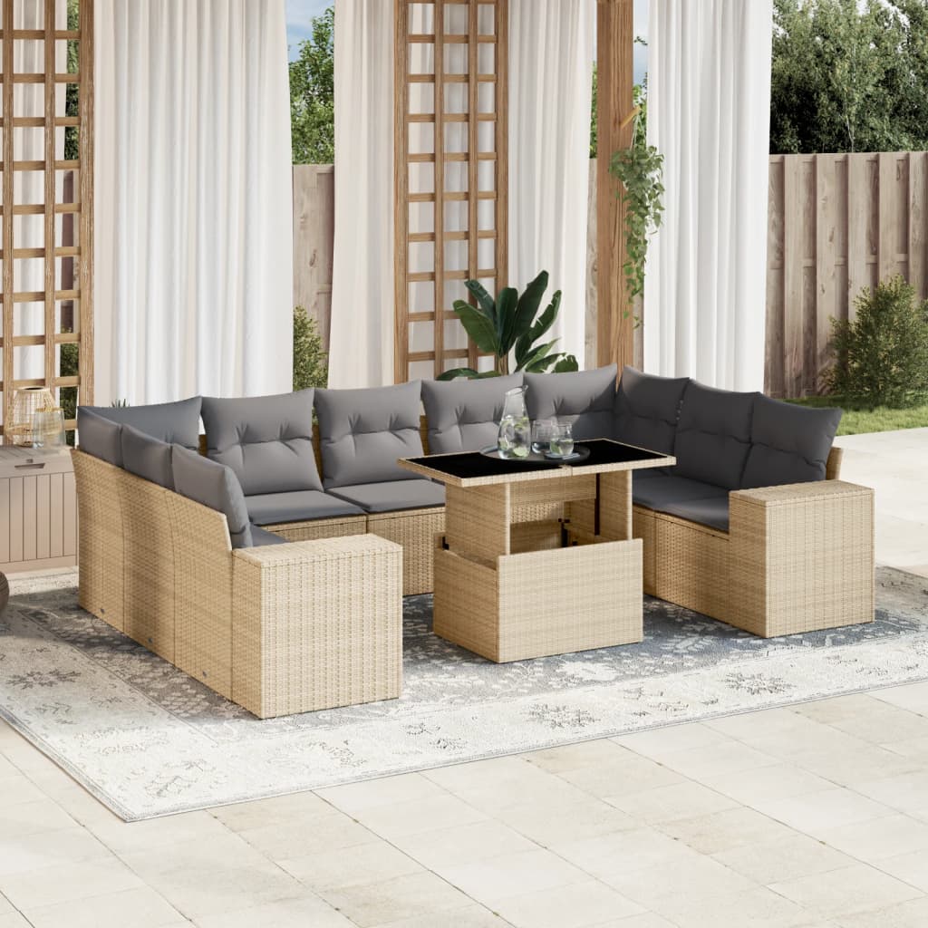 10-delige Loungeset met kussens poly rattan beige