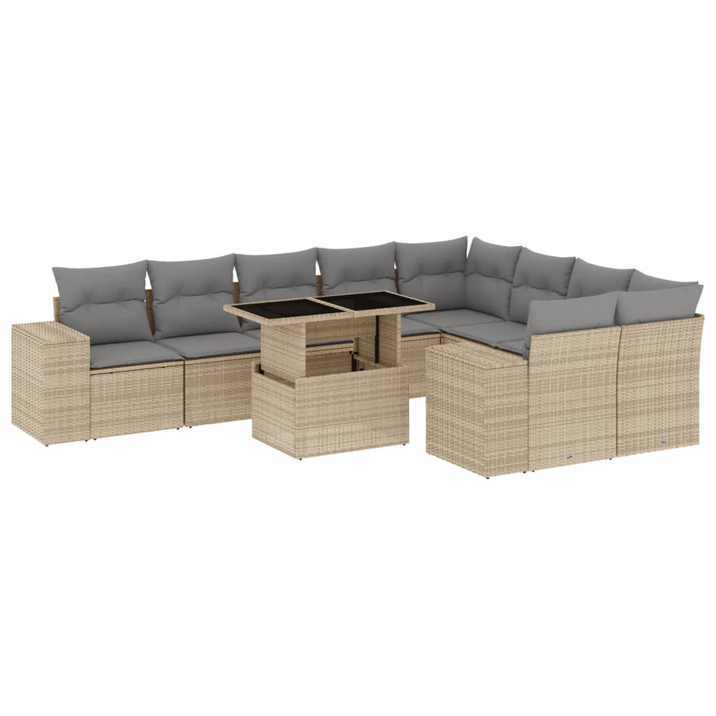 10-delige Loungeset met kussens poly rattan beige