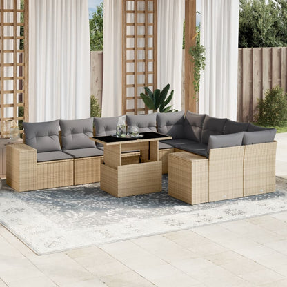 10-delige Loungeset met kussens poly rattan beige