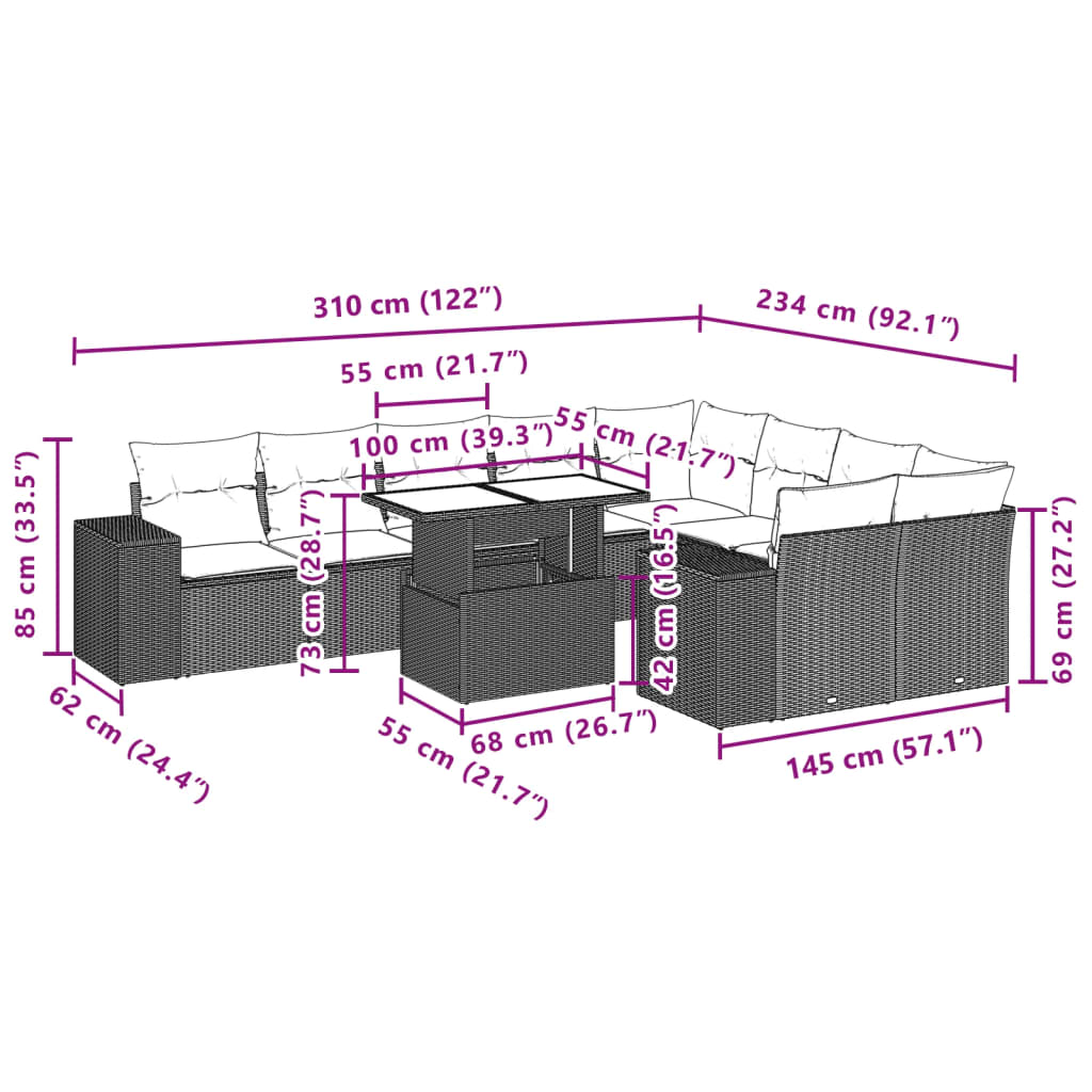 10-delige Loungeset met kussens poly rattan bruin