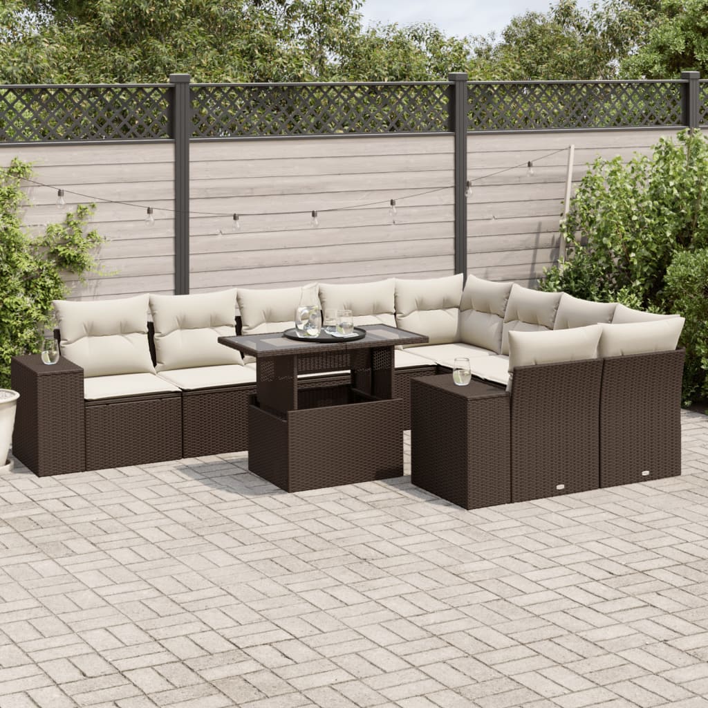 10-delige Loungeset met kussens poly rattan bruin