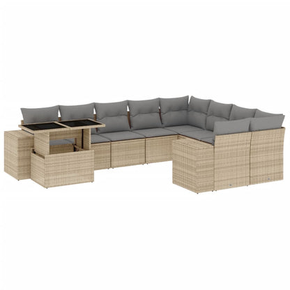 10-delige Loungeset met kussens poly rattan beige