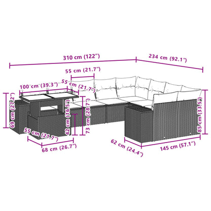 10-delige Loungeset met kussens poly rattan bruin