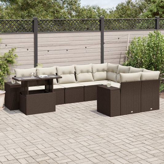 10-delige Loungeset met kussens poly rattan bruin