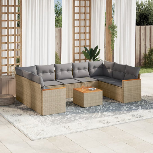 10-delige Loungeset met kussens poly rattan beige