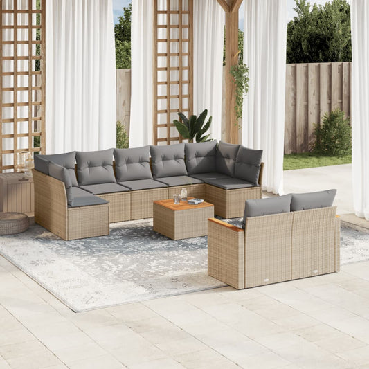 10-delige Loungeset met kussens poly rattan beige