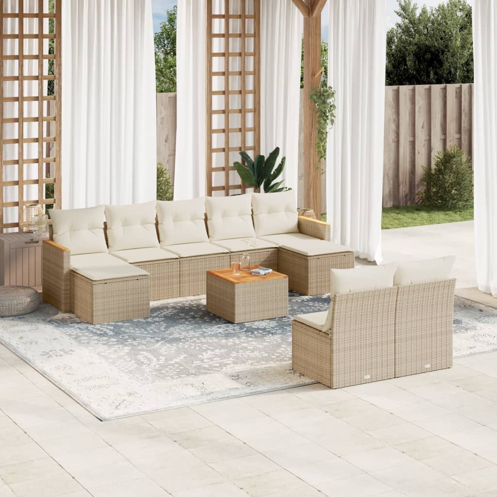 10-delige Loungeset met kussens poly rattan beige