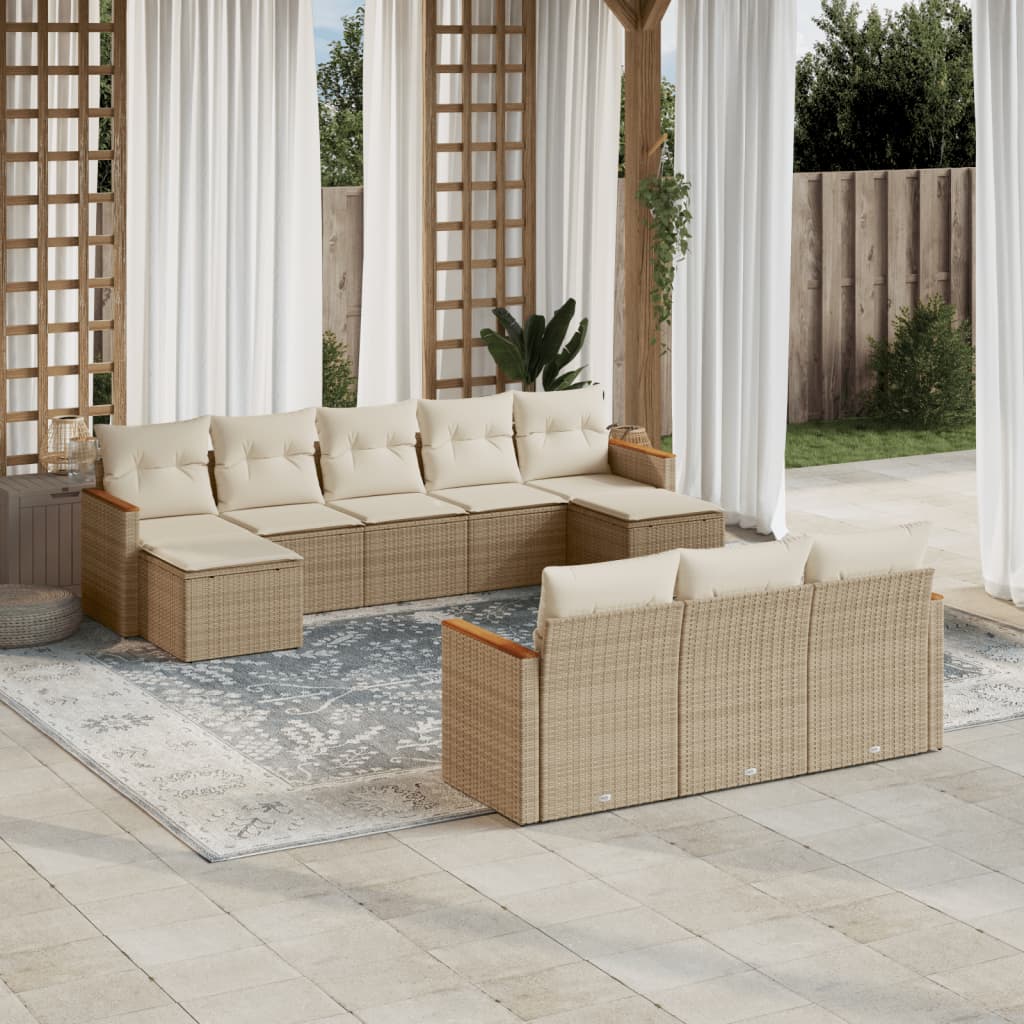 10-delige Loungeset met kussens poly rattan beige