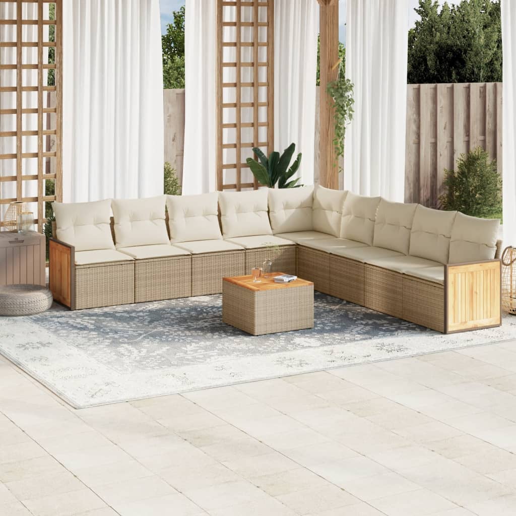 10-delige Loungeset met kussens poly rattan beige