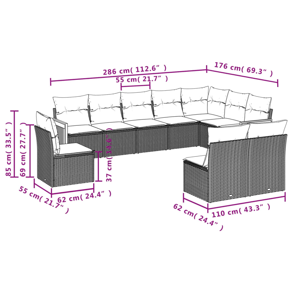 10-delige Loungeset met kussens poly rattan beige