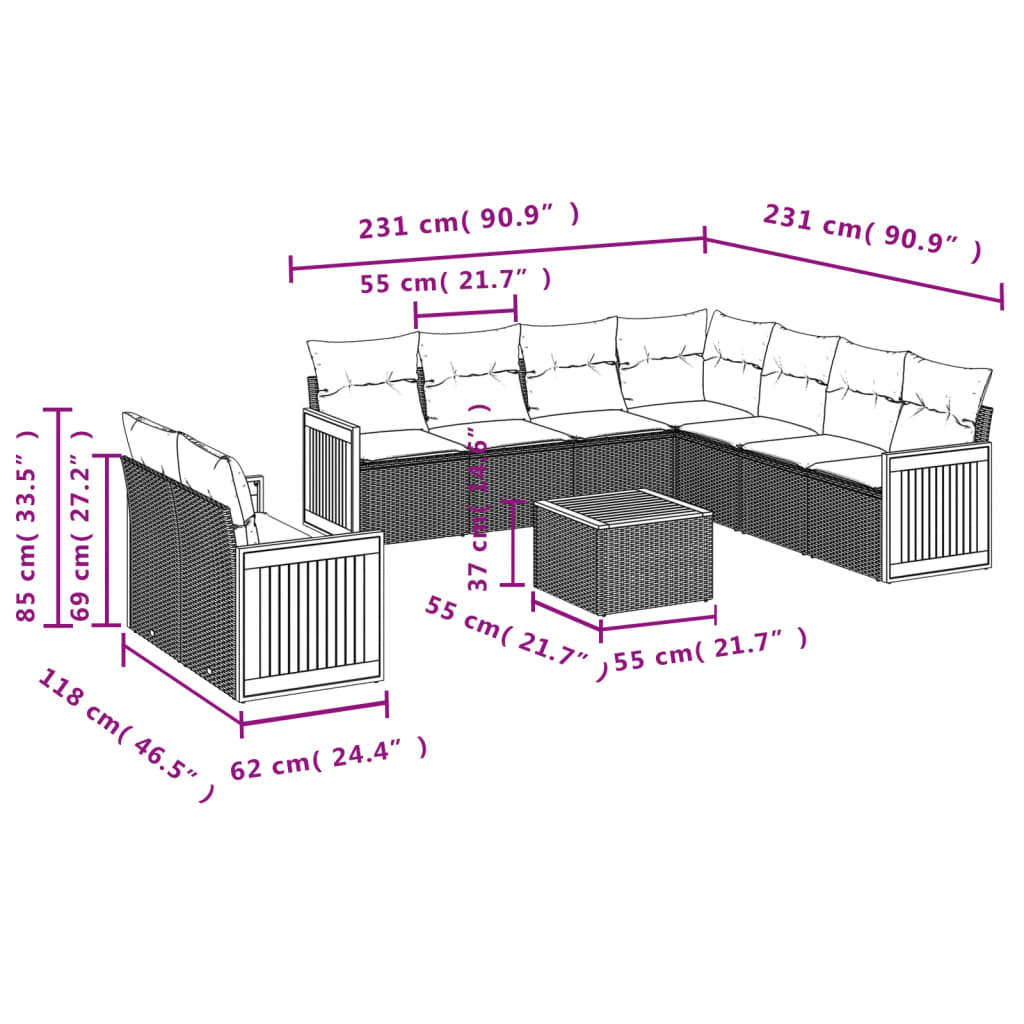 10-delige Loungeset met kussens poly rattan beige