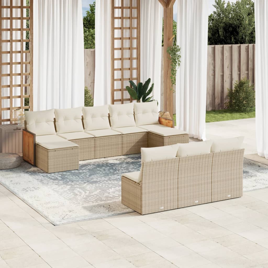 10-delige Loungeset met kussens poly rattan beige