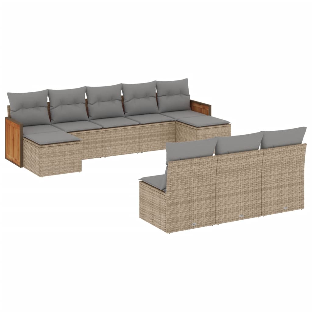 10-delige Loungeset met kussens poly rattan beige