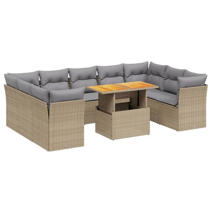 10-delige Loungeset met kussens poly rattan beige