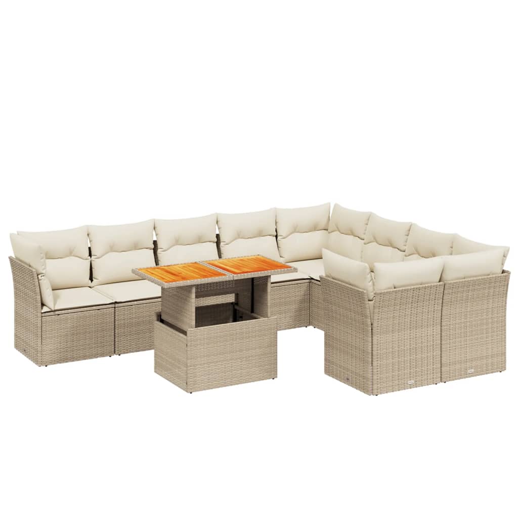 10-delige Loungeset met kussens poly rattan beige