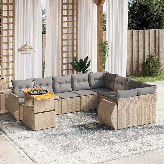 10-delige Loungeset met kussens poly rattan beige