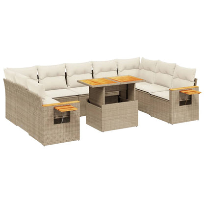 10-delige Loungeset met kussens poly rattan beige