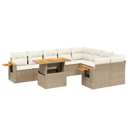 10-delige Loungeset met kussens poly rattan beige