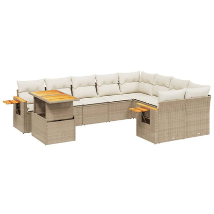 10-delige Loungeset met kussens poly rattan beige