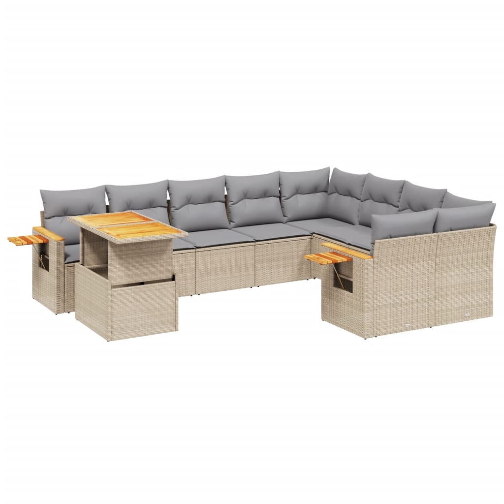 10-delige Loungeset met kussens poly rattan beige