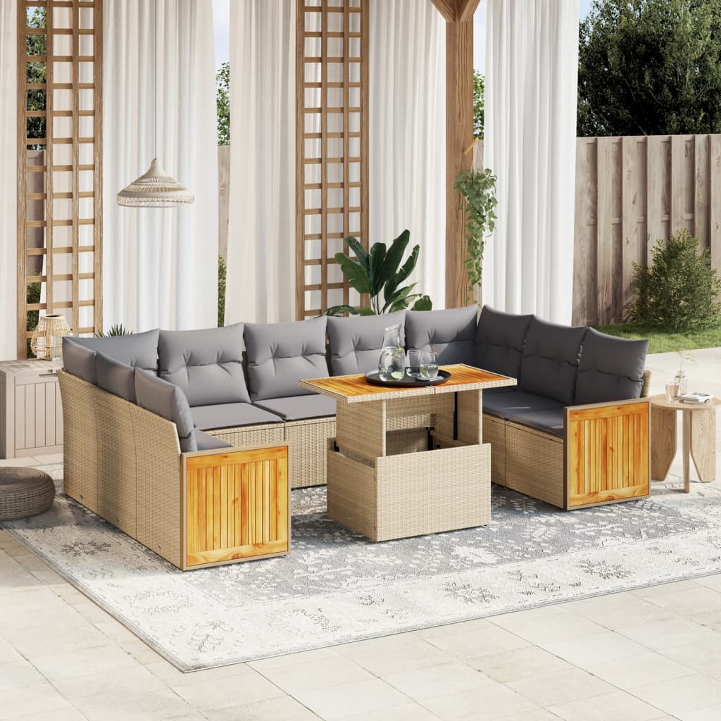 10-delige Loungeset met kussens poly rattan beige