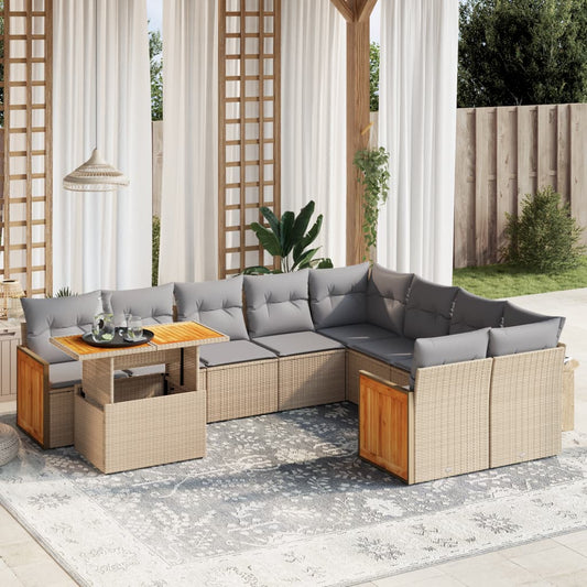 10-delige Loungeset met kussens poly rattan beige