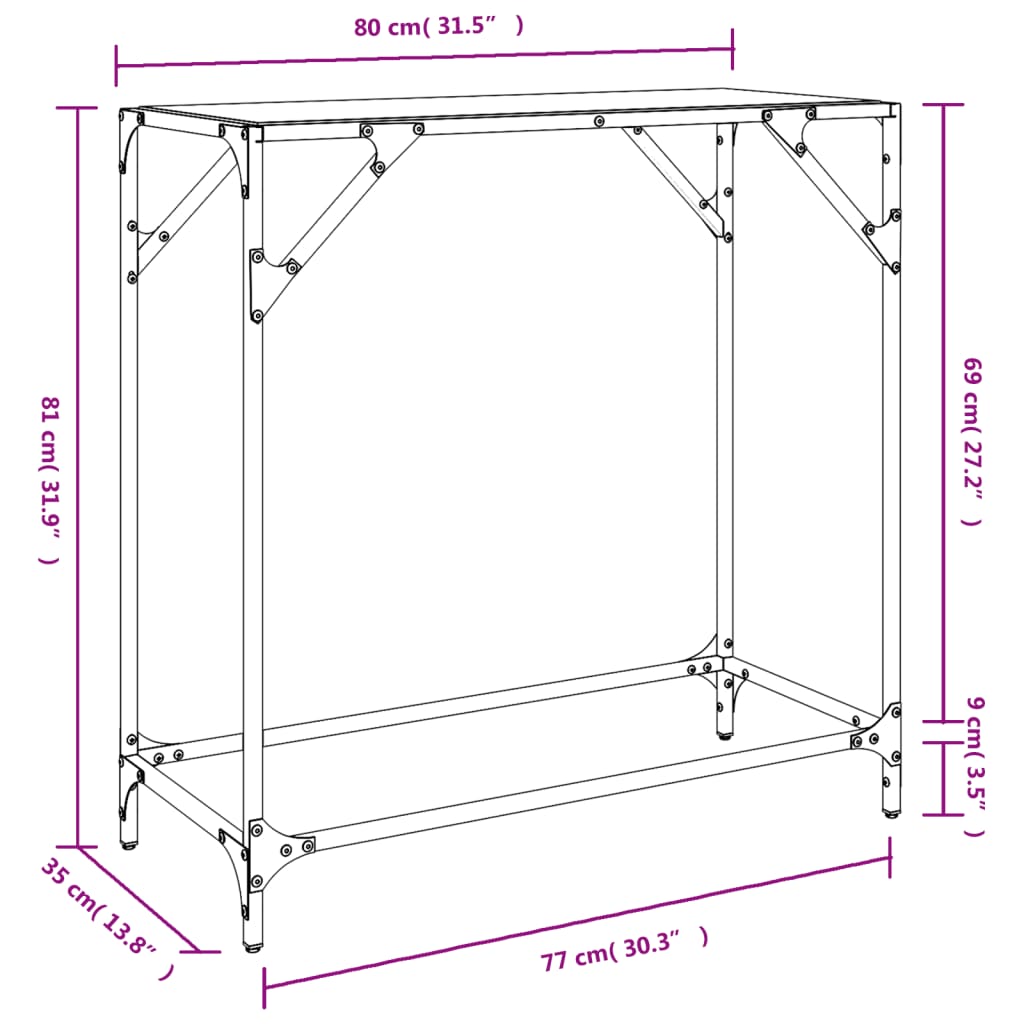 Wandtafel met zwart glazen blad 60x35x81 cm staal