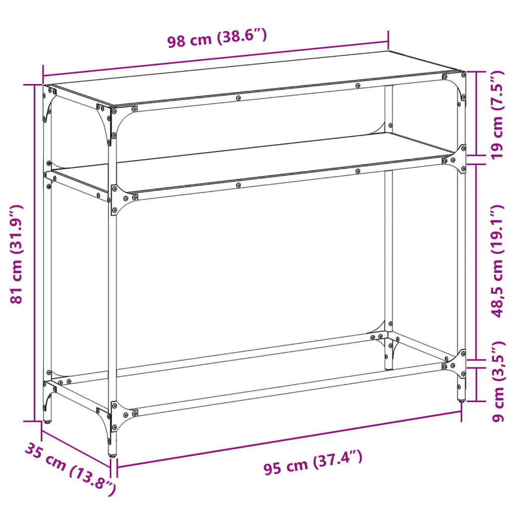 Wandtafel met zwart glazen blad 98x35x81 cm staal