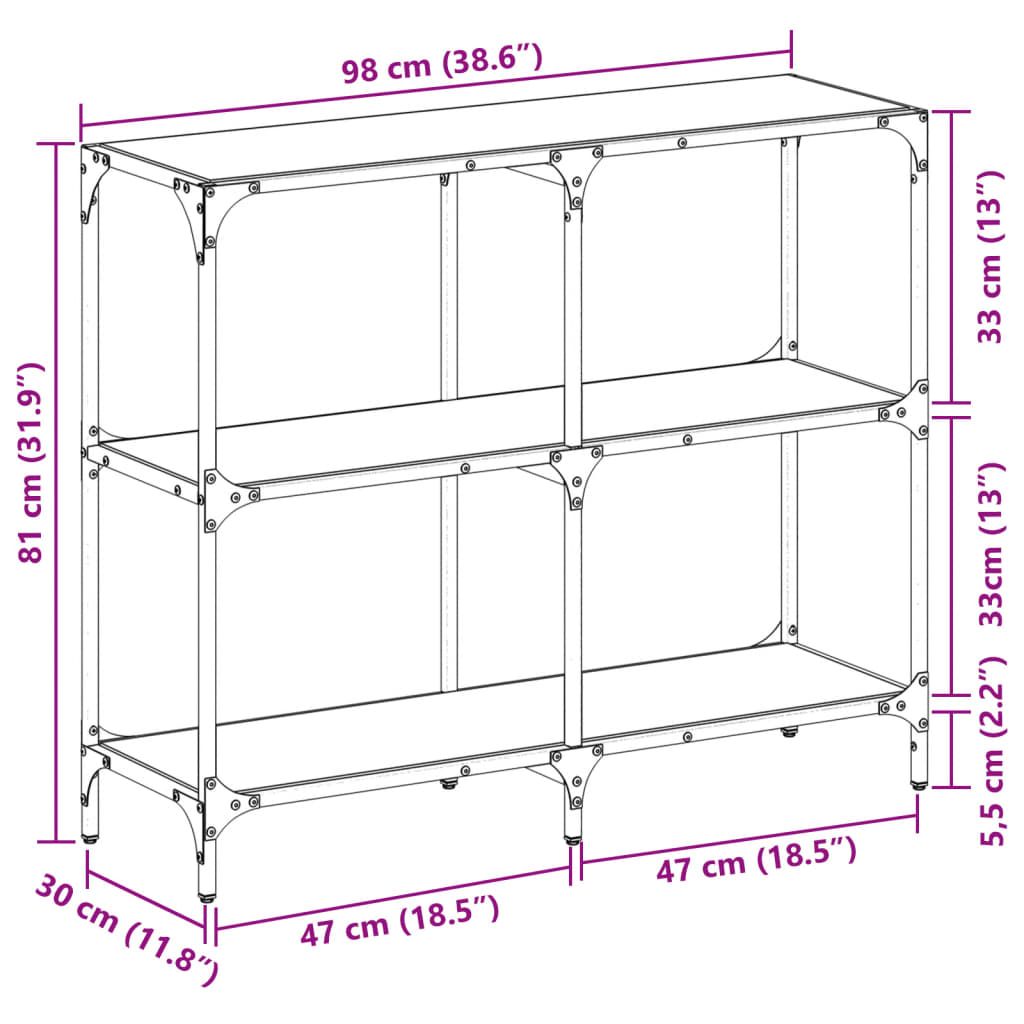 Wandtafel met zwart glazen blad 98x30x81 cm staal