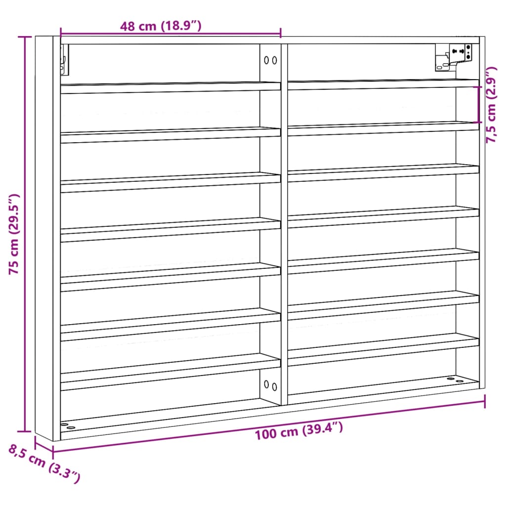 Vitrinekast 100x8,5x75 cm bewerkt hout sonoma eikenkleurig