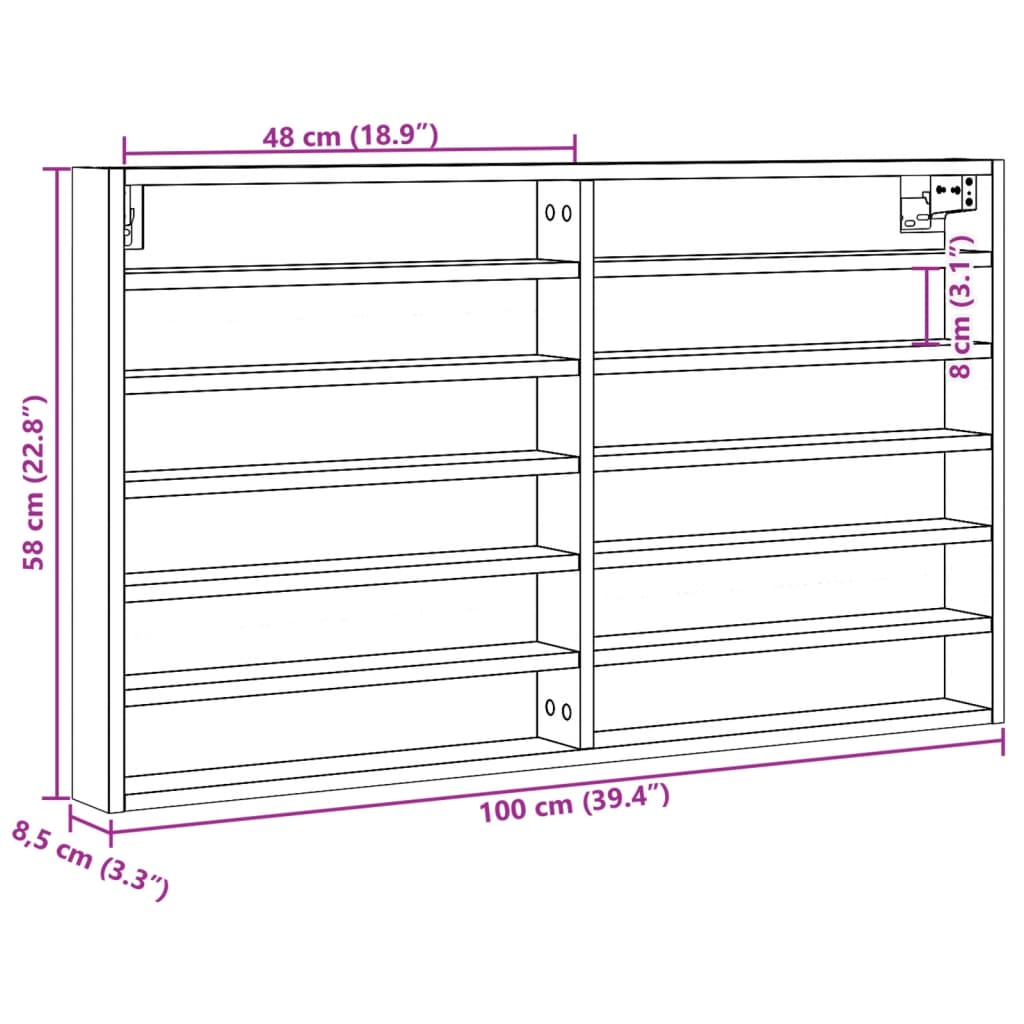 Vitrinekast 100x8,5x58 cm bewerkt hout bruin eikenkleurig