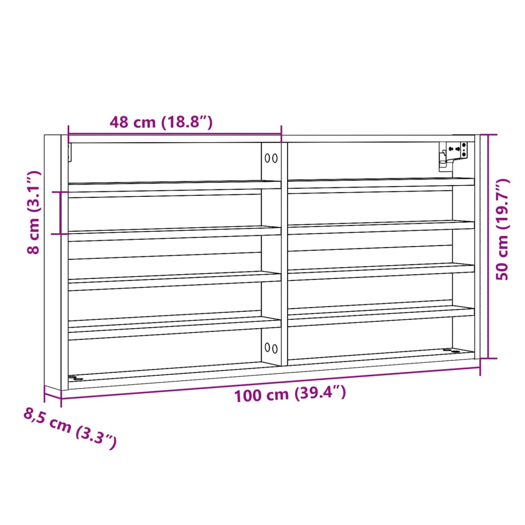 Vitrinekast 100x8,5x50 cm bewerkt hout wit