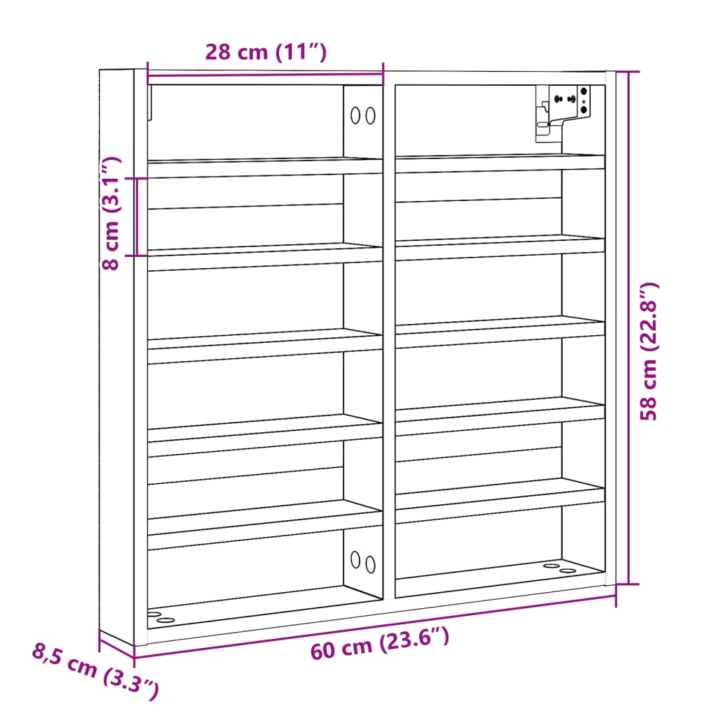 Vitrinekast 60x8,5x58 cm bewerkt hout betongrijs