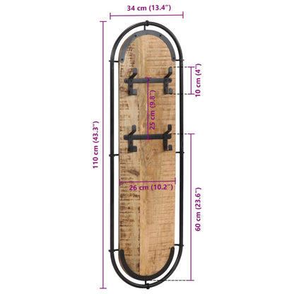 Wandkapstokken 2 st met 4 haken massief ruw mangohout