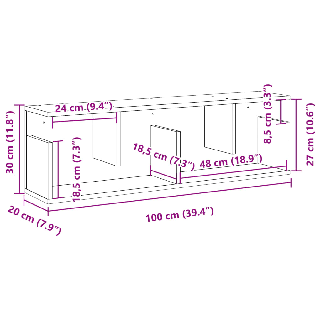 Wandkast 100x20x30 cm bewerkt hout zwart