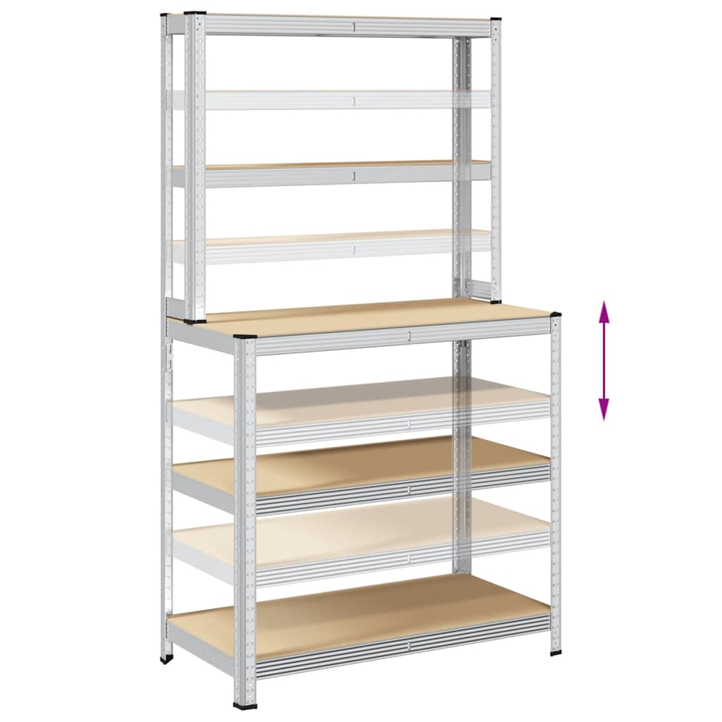 Werktafel 5-laags met schappen staal & bewerkt hout zilverkleur