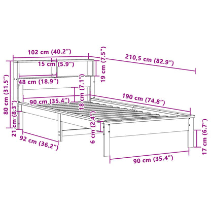 vidaXLBed met boekenkast zonder matras grenenhout wasbruin 90x190 cm