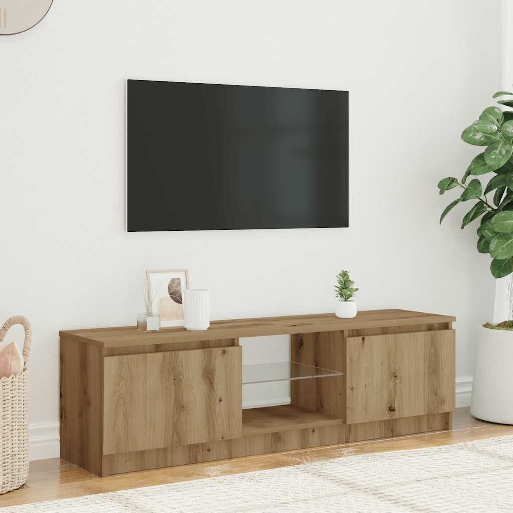 Tv-meubel met LED 140x40x35,5 cm bewerkt hout artisanaal eiken